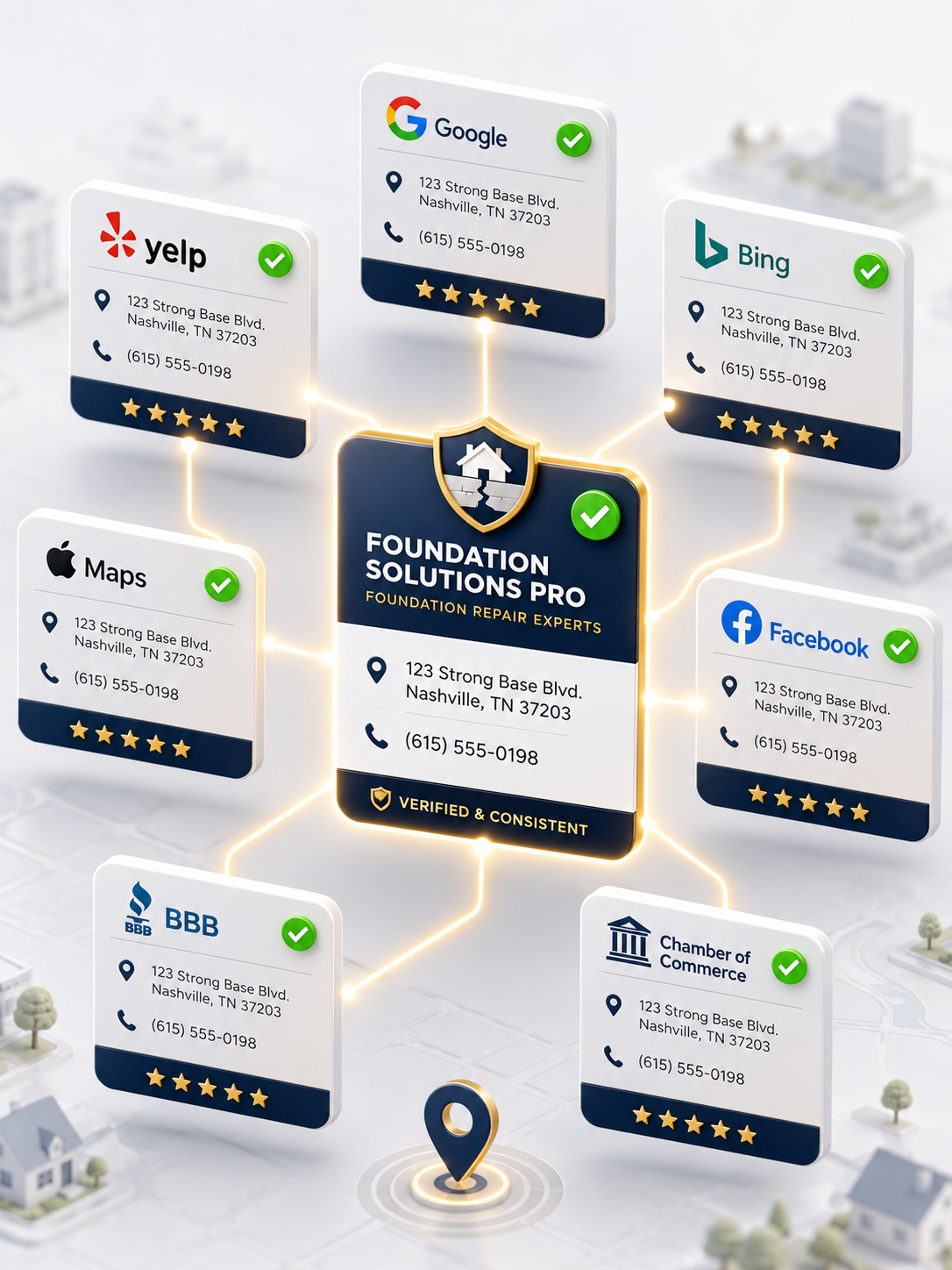 A contractor's name, address, and phone number listed consistently and verified across Google, Yelp, Bing, Apple Maps, Facebook, BBB, and the Chamber of Commerce